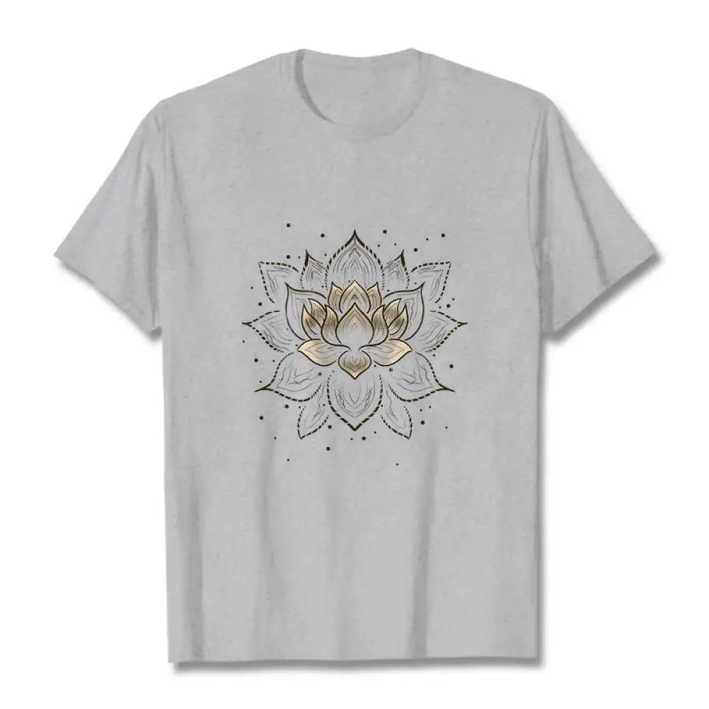 Buddha Stones Golden Lotus Flower Design Tee T-shirt - LightGrey / S - T-Shirts