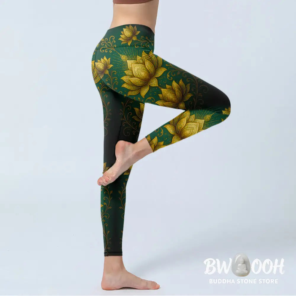 BWOOOH lotus print yoga leggings - Golden Lotus Pattern Print Gym Leggings 