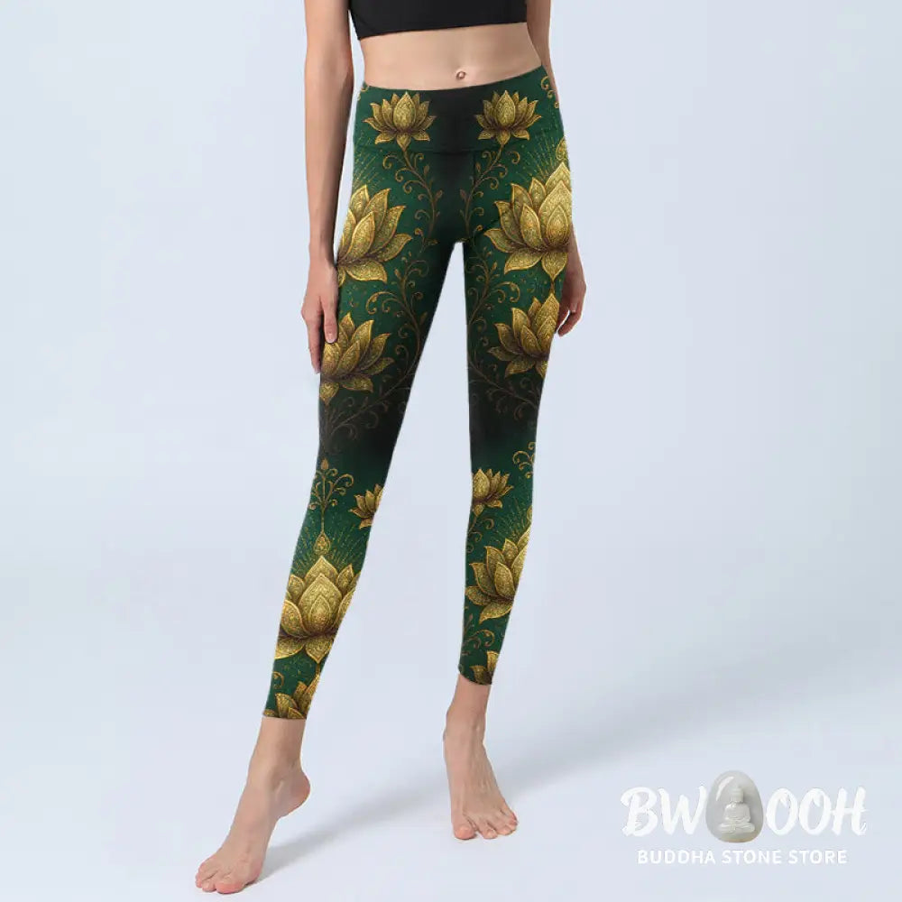 BWOOOH lotus print yoga leggings - Golden Lotus Pattern Print Gym Leggings 