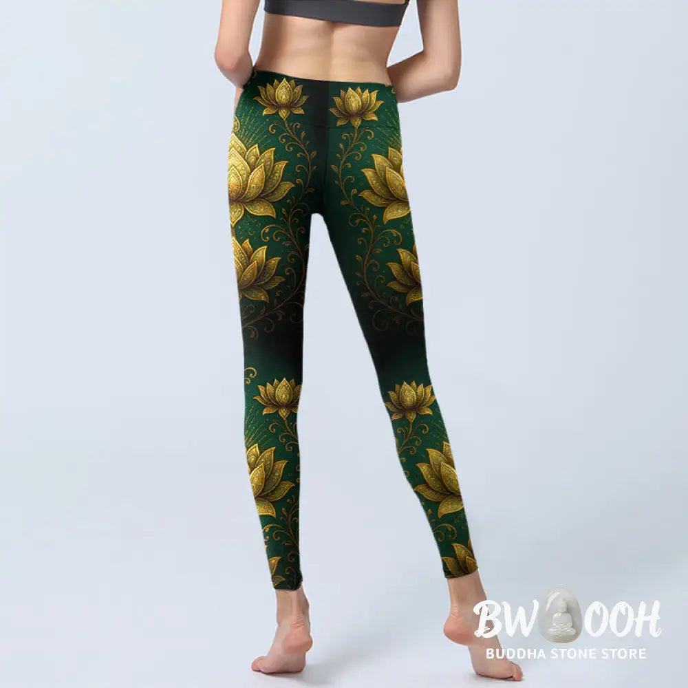 BWOOOH lotus print yoga leggings - Golden Lotus Pattern Print Gym Leggings 