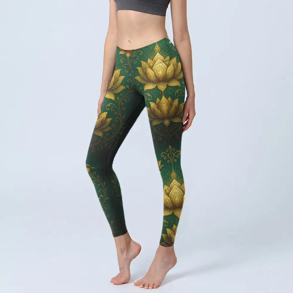 BWOOOH lotus print yoga leggings - Golden Lotus Pattern Print Gym Leggings 