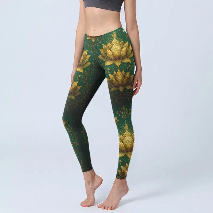 BWOOOH lotus print yoga leggings - Golden Lotus Pattern Print Gym Leggings 