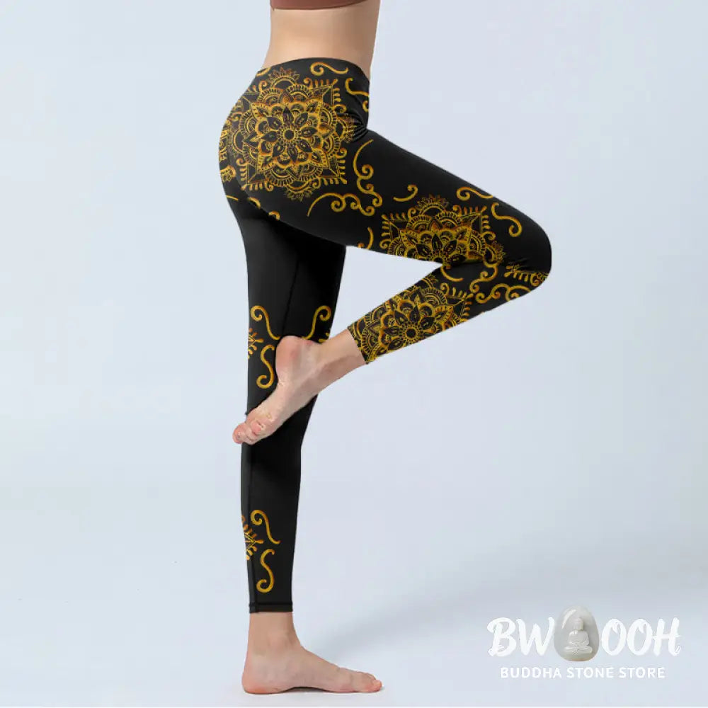 BWOOOH mandala print yoga leggings - Golden Mandala Flowers Print Gym Legging