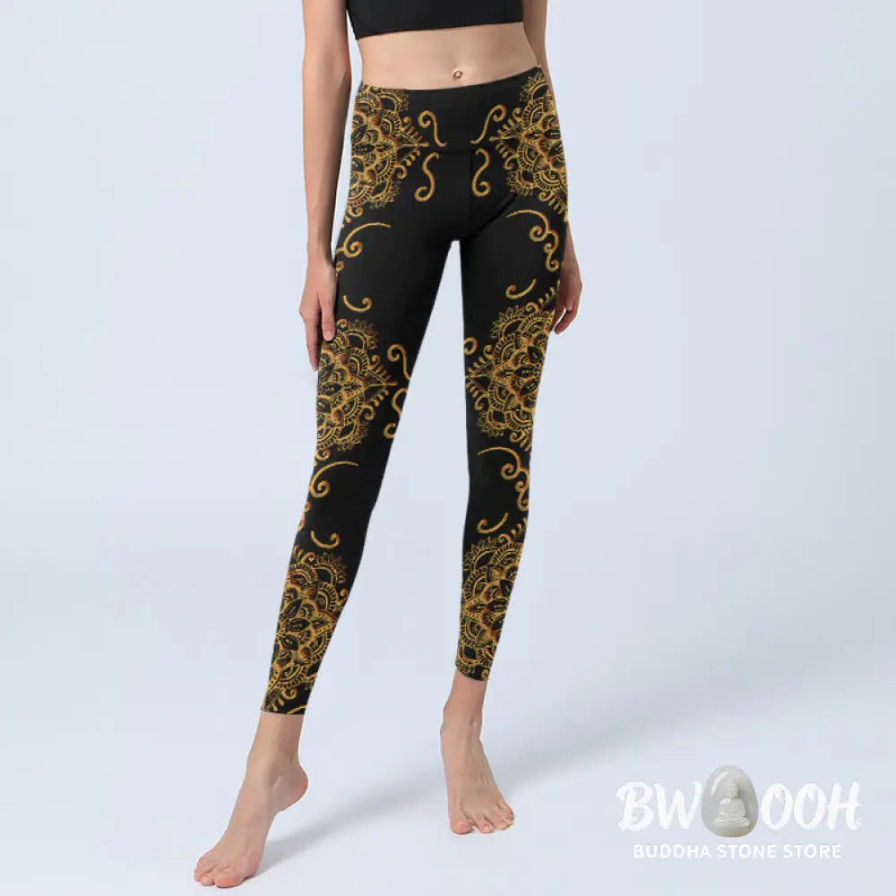BWOOOH mandala print yoga leggings - Golden Mandala Flowers Print Gym Legging
