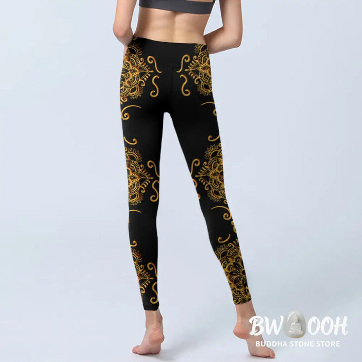 BWOOOH mandala print yoga leggings - Golden Mandala Flowers Print Gym Legging