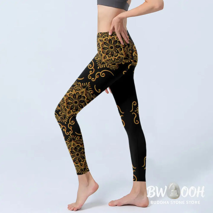 BWOOOH mandala print yoga leggings - Golden Mandala Flowers Print Gym Legging