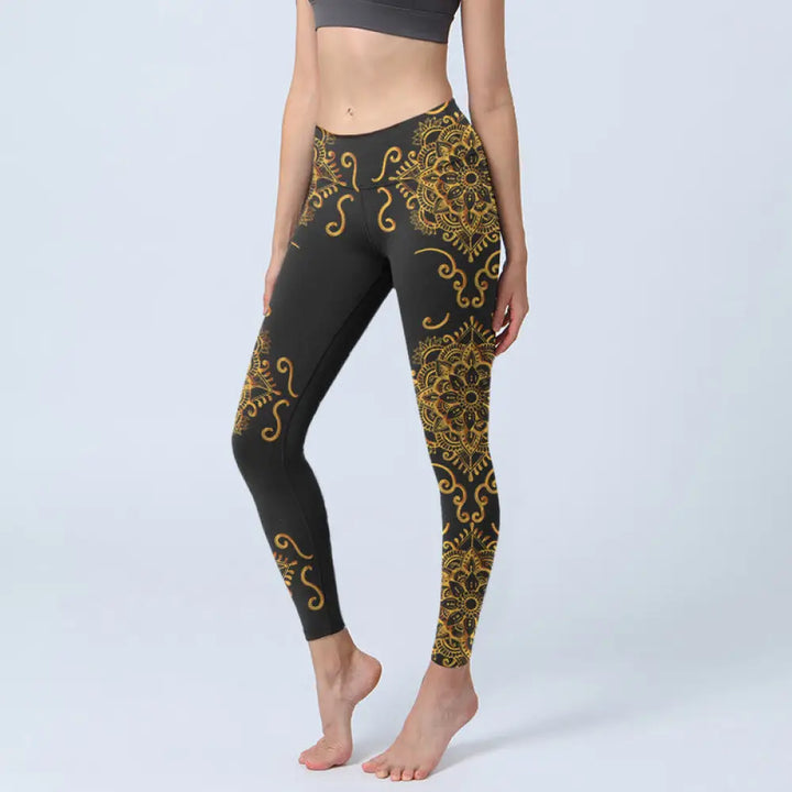 BWOOOH mandala print yoga leggings - Golden Mandala Flowers Print Gym Legging