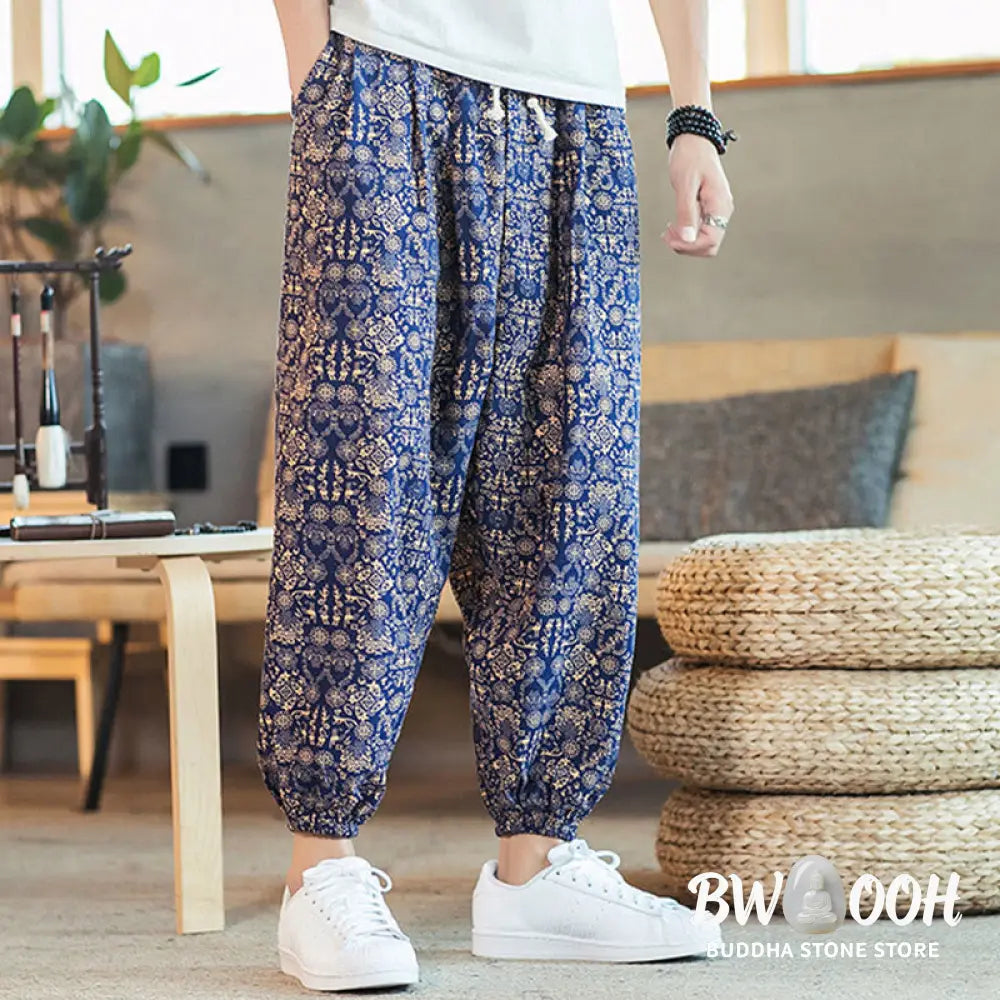 Buddha Stones Golden Mandala Pattern Cotton Linen Drawstring Men’s Harem Pants With Pockets - Men’s Harem Pants