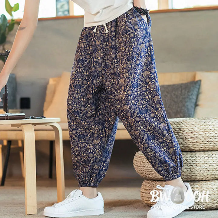 Buddha Stones Golden Mandala Pattern Cotton Linen Drawstring Men’s Harem Pants With Pockets - Men’s Harem Pants