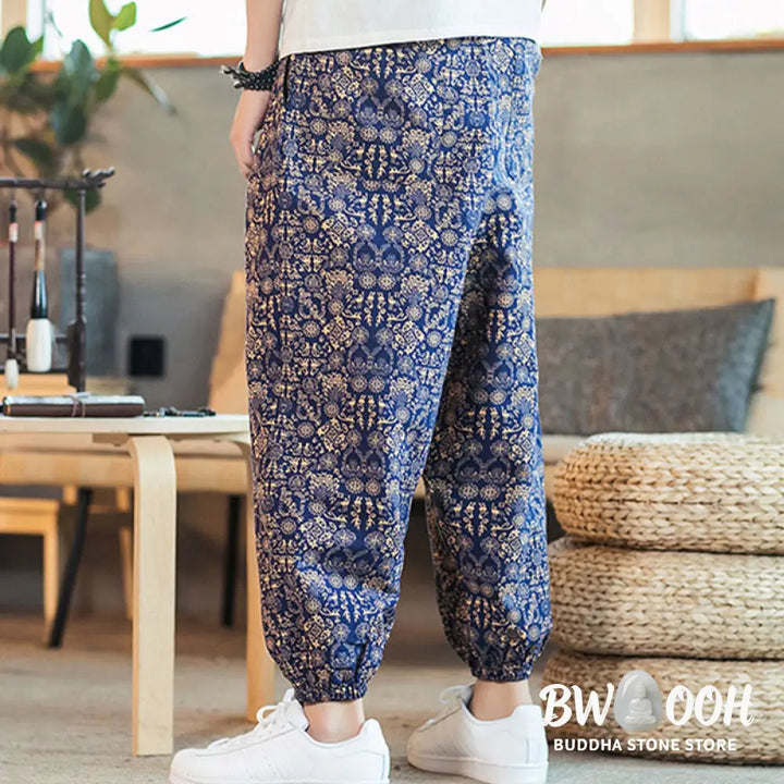 Buddha Stones Golden Mandala Pattern Cotton Linen Drawstring Men’s Harem Pants With Pockets - Men’s Harem Pants
