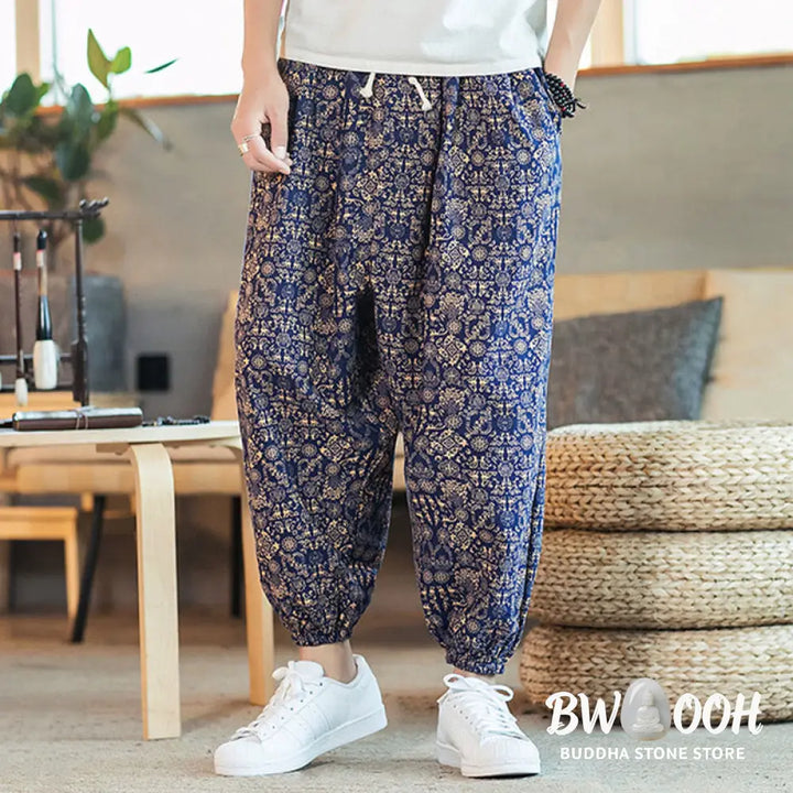 Buddha Stones Golden Mandala Pattern Cotton Linen Drawstring Men’s Harem Pants With Pockets - Men’s Harem Pants