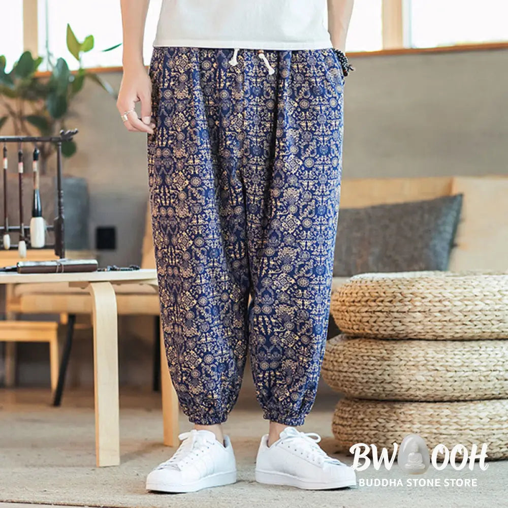 Buddha Stones Golden Mandala Pattern Cotton Linen Drawstring Men’s Harem Pants With Pockets - Men’s Harem Pants