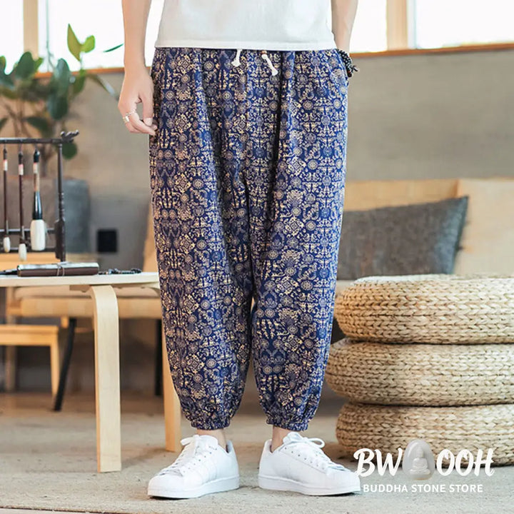 Buddha Stones Golden Mandala Pattern Cotton Linen Drawstring Men’s Harem Pants With Pockets - Men’s Harem Pants