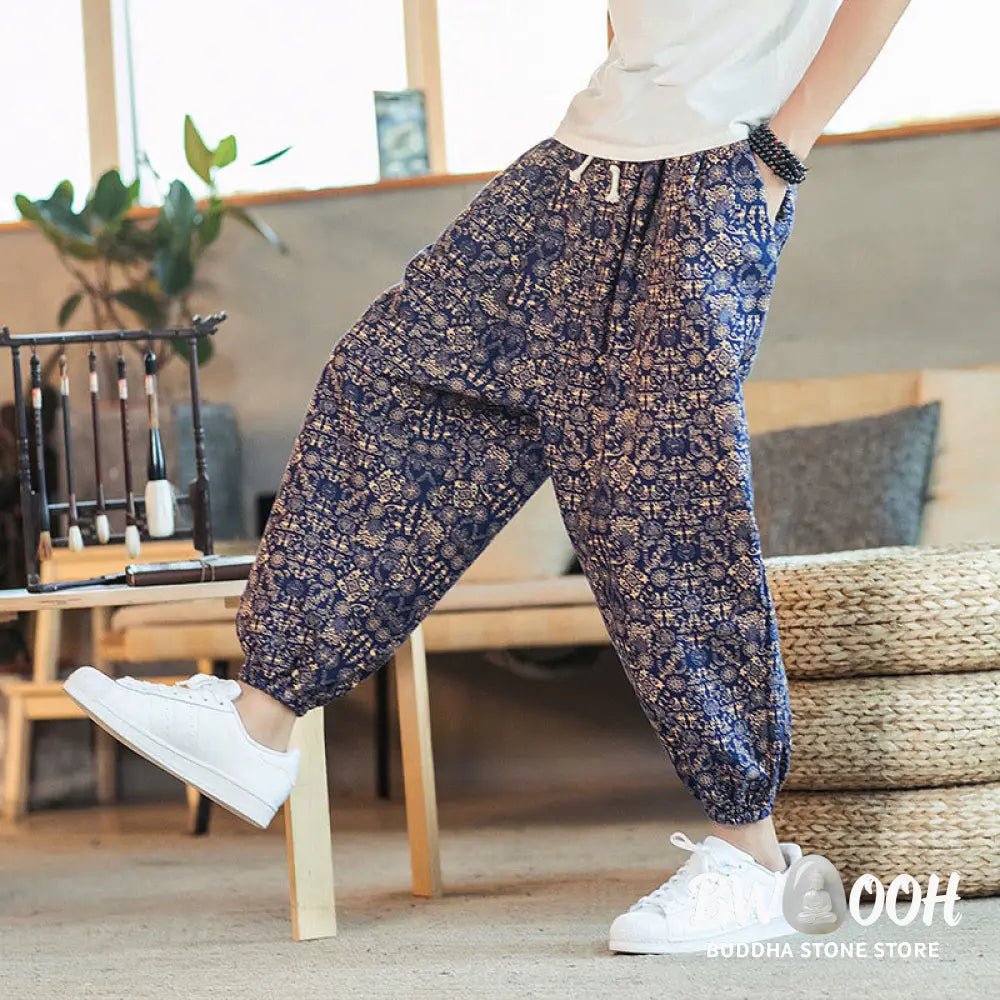 Buddha Stones Golden Mandala Pattern Cotton Linen Drawstring Men’s Harem Pants With Pockets - Men’s Harem Pants