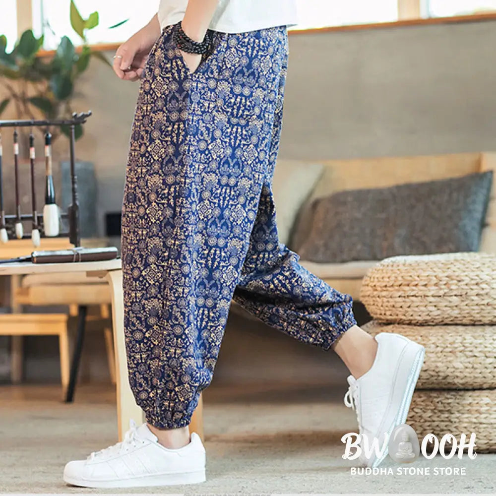 Buddha Stones Golden Mandala Pattern Cotton Linen Drawstring Men’s Harem Pants With Pockets - Men’s Harem Pants