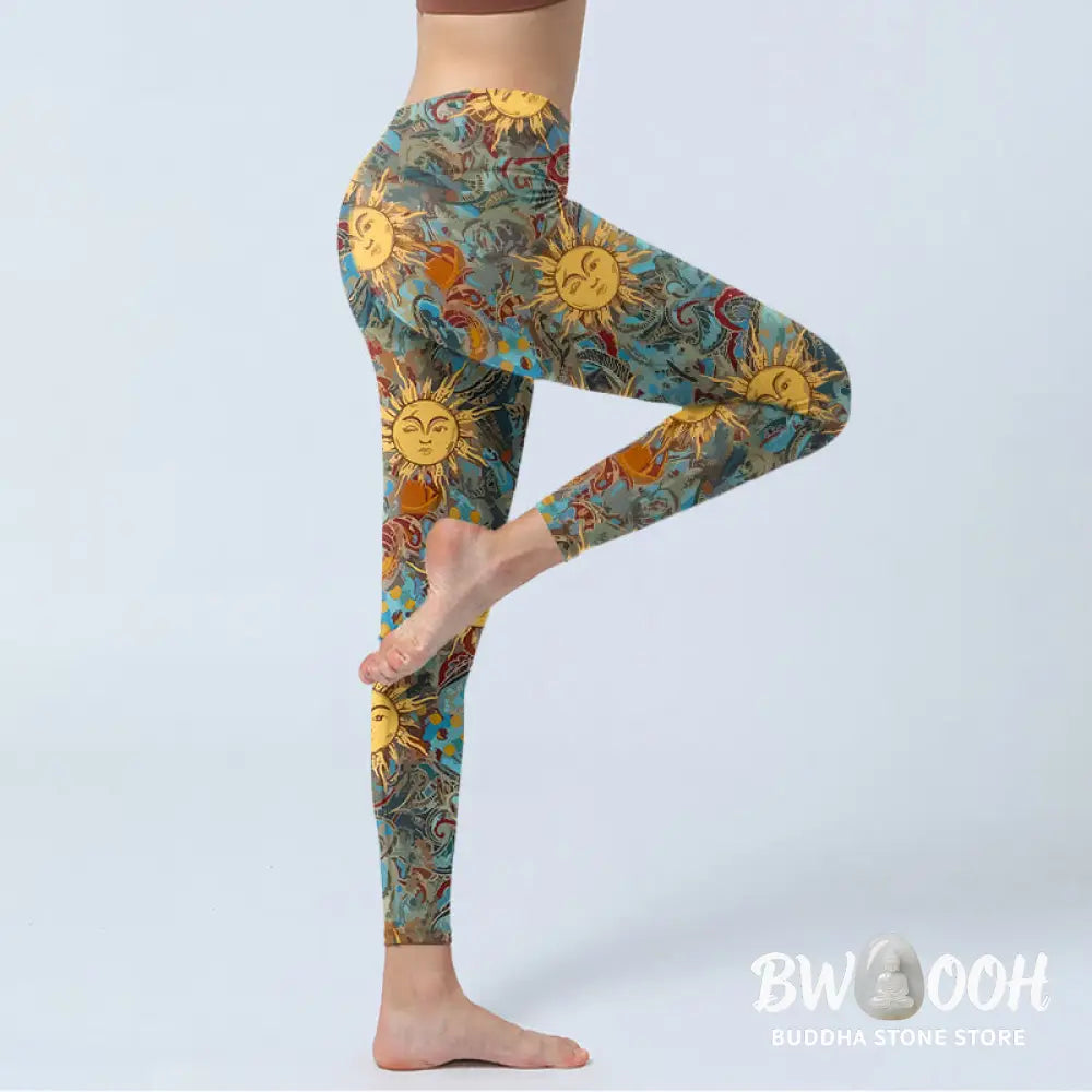BWOOOH printed yoga leggings - Golden Personified Sun Pattern Print Gym