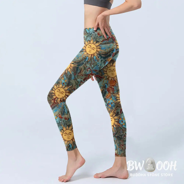BWOOOH printed yoga leggings - Golden Personified Sun Pattern Print Gym