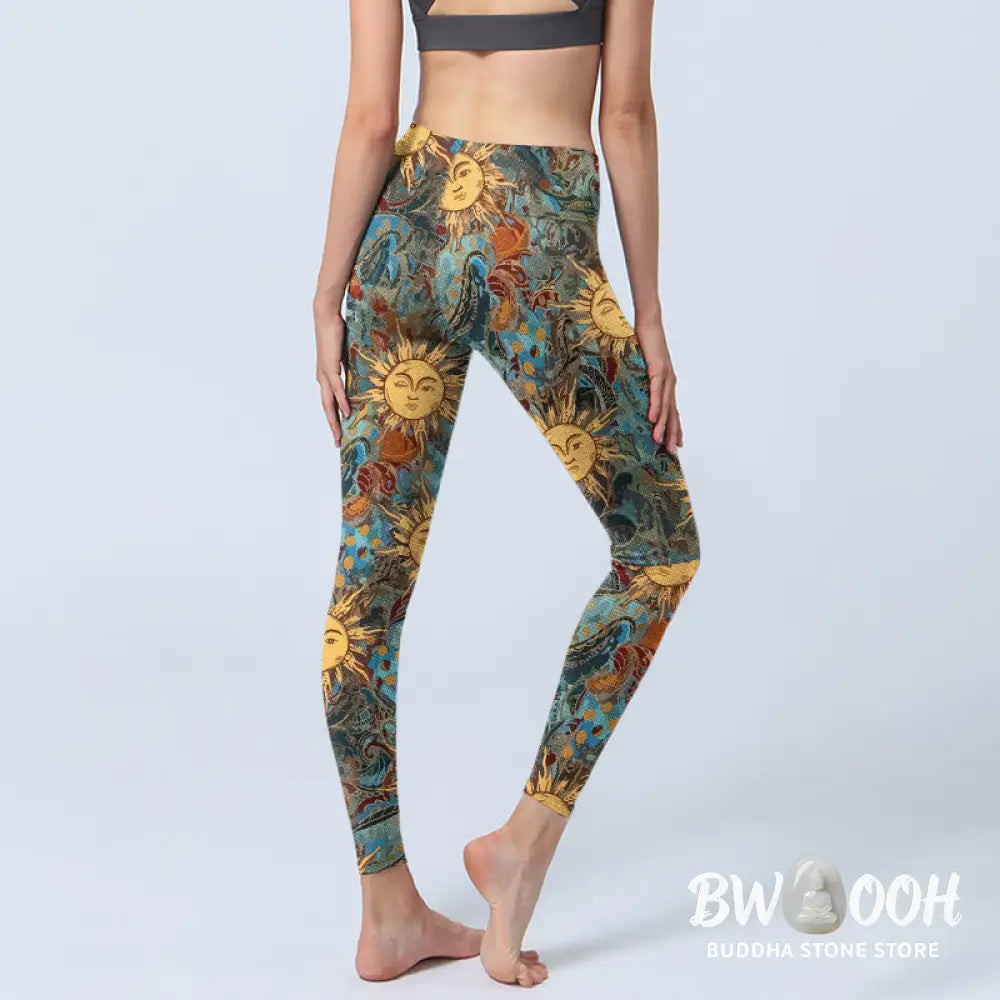 BWOOOH printed yoga leggings - Golden Personified Sun Pattern Print Gym
