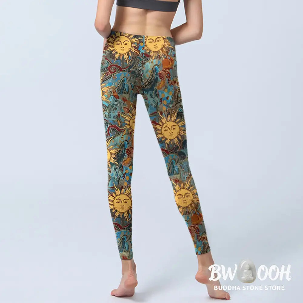 BWOOOH printed yoga leggings - Golden Personified Sun Pattern Print Gym