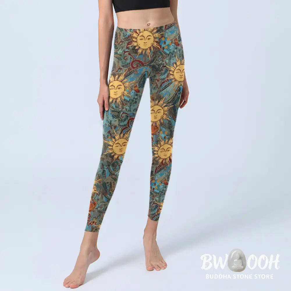 BWOOOH printed yoga leggings - Golden Personified Sun Pattern Print Gym