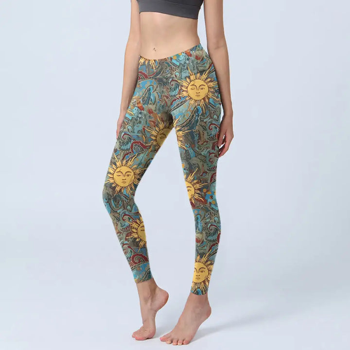 BWOOOH printed yoga leggings - Golden Personified Sun Pattern Print Gym
