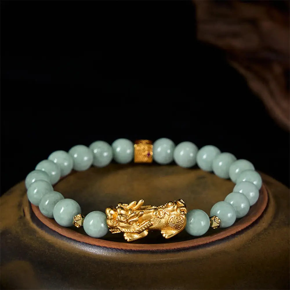 Buddha Stones Golden Pi Xiu Charm Jade Luck Prosperity Beaded Bracelet - 8mm Jade(Wrist Circumference: 14-16 cm)