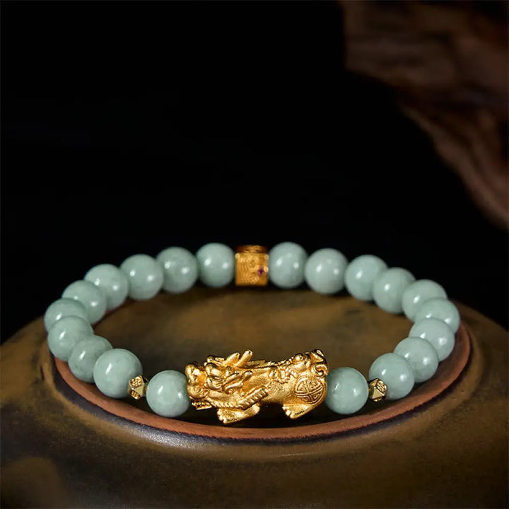 Buddha Stones Golden Pi Xiu Charm Jade Luck Prosperity Beaded Bracelet - 8mm Jade(Wrist Circumference: 14-16 cm)
