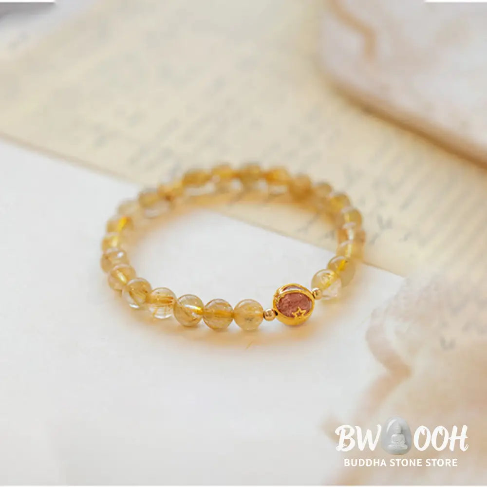 BWOOOH Golden Rutilated Quartz Strawberry Quartz Star Protection Bracelet - 6mm - Bracelet