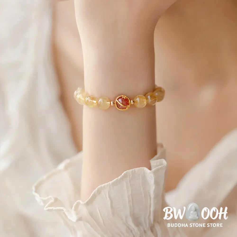 BWOOOH Golden Rutilated Quartz Strawberry Quartz Star Protection Bracelet - 6mm - Bracelet