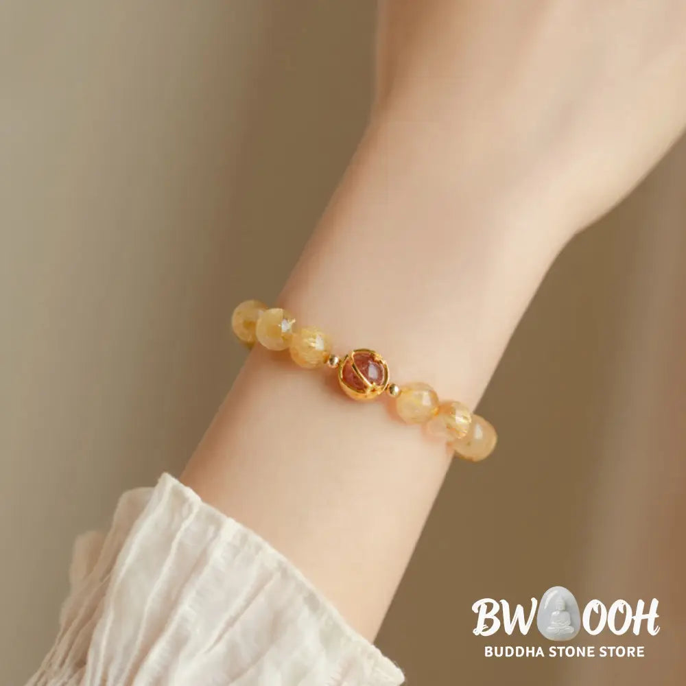 BWOOOH Golden Rutilated Quartz Strawberry Quartz Star Protection Bracelet - 6mm - Bracelet