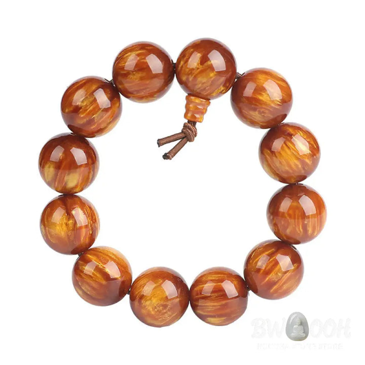 BWOOOH Golden Sea Willow Success Positive Bracelet Mala, handcrafted from synthetic Golden Sea Willow. Features rich golden hues, polished beads (various sizes like 15mm, 18mm, 108-bead configurations), and an elastic string, worn for mindfulness, prosperity, and spiritual balance. - View 9