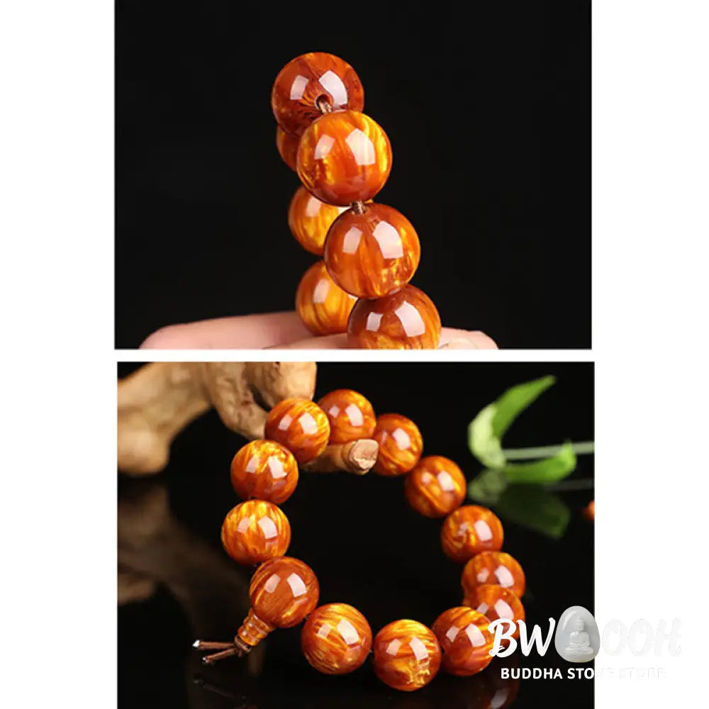 BWOOOH Golden Sea Willow Success Positive Bracelet Mala, handcrafted from synthetic Golden Sea Willow. Features rich golden hues, polished beads (various sizes like 15mm, 18mm, 108-bead configurations), and an elastic string, worn for mindfulness, prosperity, and spiritual balance. - View 6