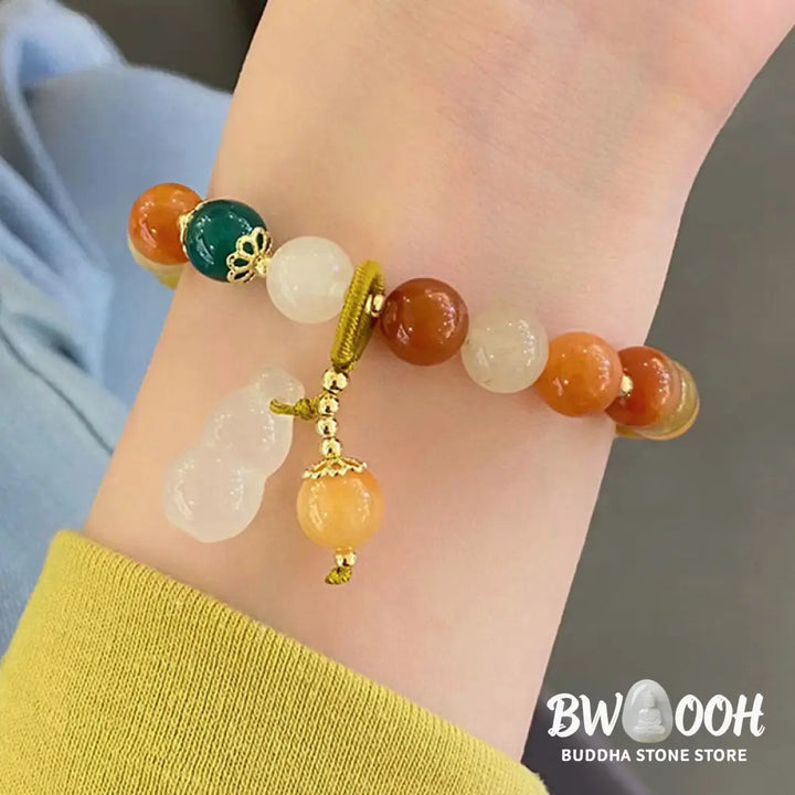 Buddha Stones Golden Silk Jade Beads Gourd Wealth Luck Bracelet - BWOOOH - Golden Silk Jade(Wrist Circumference: