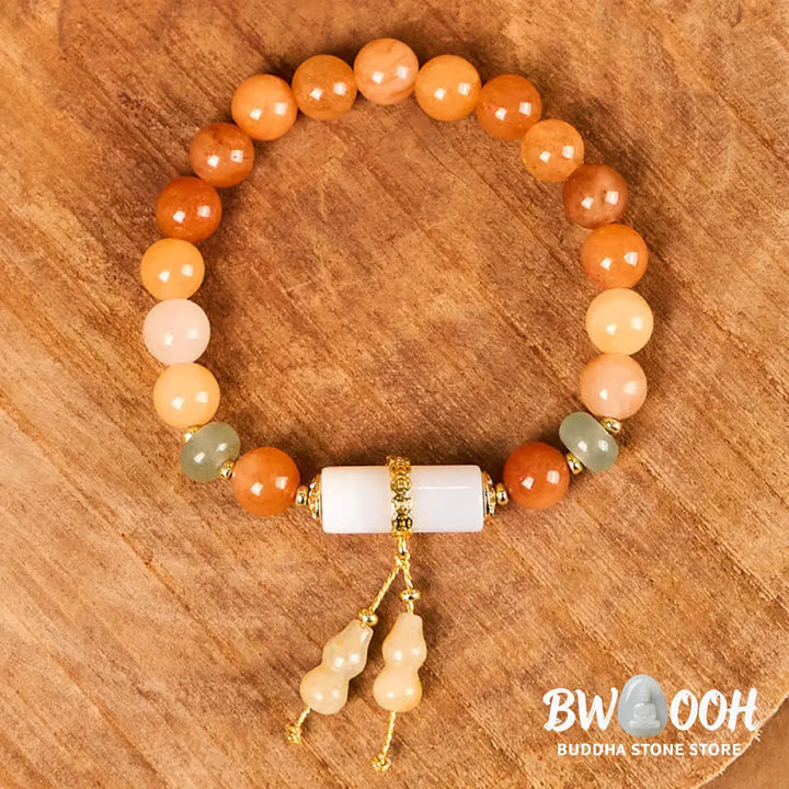 Buddha Stones Golden Silk Jade Beads Gourd White Crystal Wealth Luck Bracelet - BWOOOH - Golden Silk Jade(Wrist