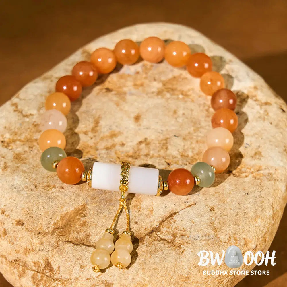 Buddha Stones Golden Silk Jade Beads Gourd White Crystal Wealth Luck Bracelet - BWOOOH - Golden Silk Jade(Wrist