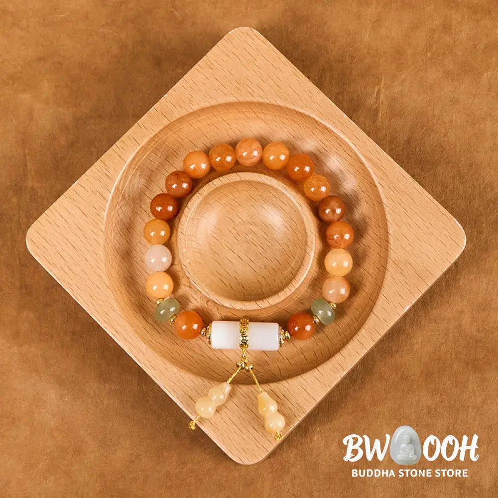 Buddha Stones Golden Silk Jade Beads Gourd White Crystal Wealth Luck Bracelet - BWOOOH - Golden Silk Jade(Wrist
