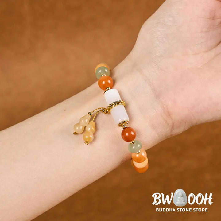 Buddha Stones Golden Silk Jade Beads Gourd White Crystal Wealth Luck Bracelet - BWOOOH - Golden Silk Jade(Wrist
