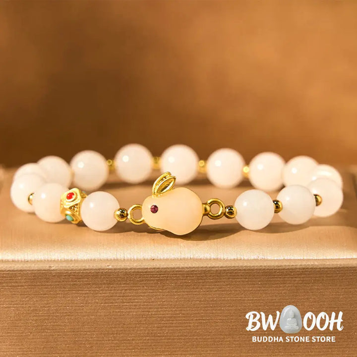 Buddha Stones Golden Silk Jade Cute Rabbit Luck Bracelet - BWOOOH - Golden Silk Jade(Wrist Circumference 14-16cm)