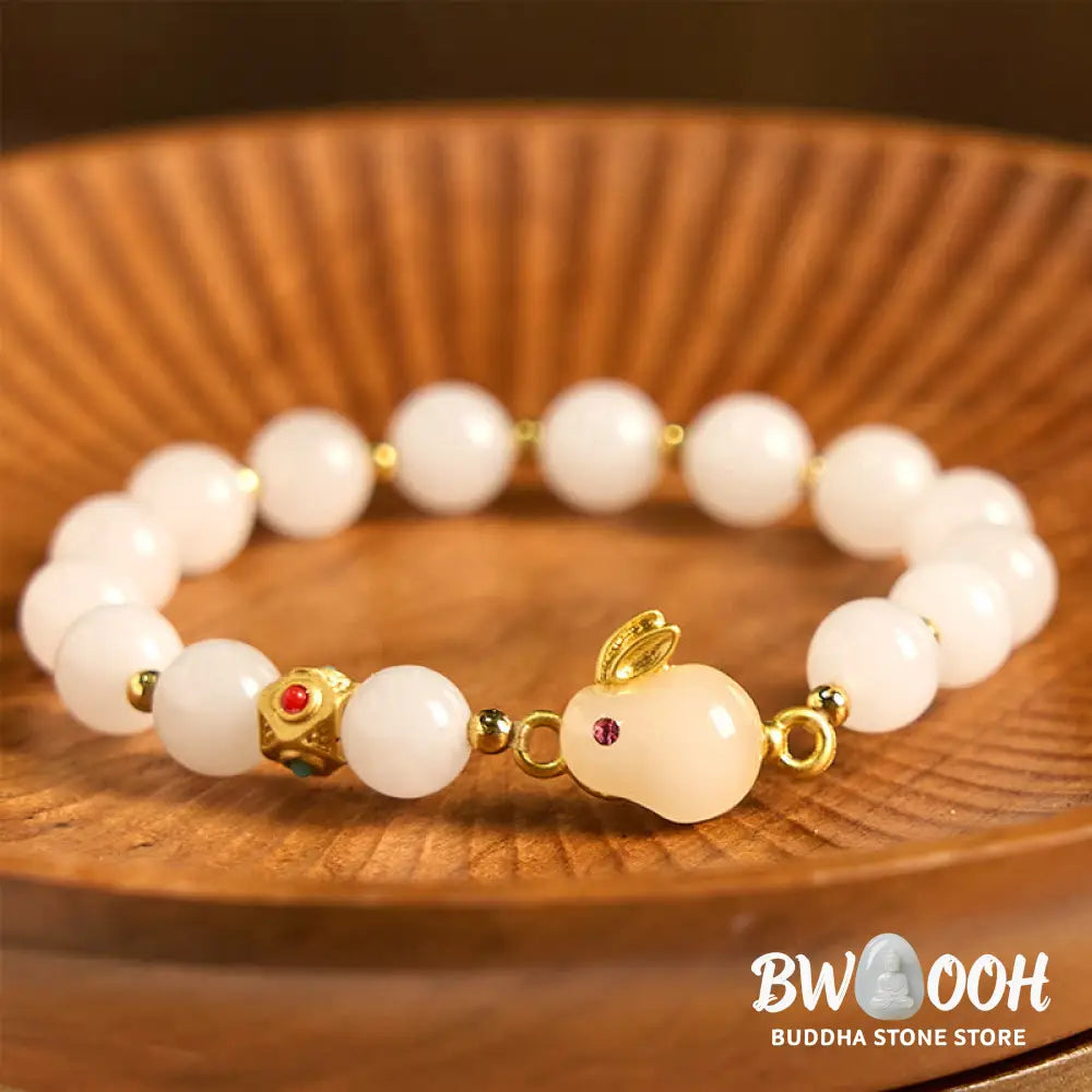 Buddha Stones Golden Silk Jade Cute Rabbit Luck Bracelet - BWOOOH - Golden Silk Jade(Wrist Circumference 14-16cm)