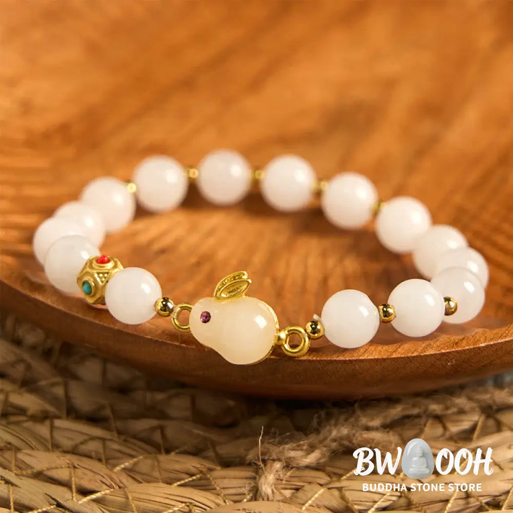 Buddha Stones Golden Silk Jade Cute Rabbit Luck Bracelet - BWOOOH - Golden Silk Jade(Wrist Circumference 14-16cm)