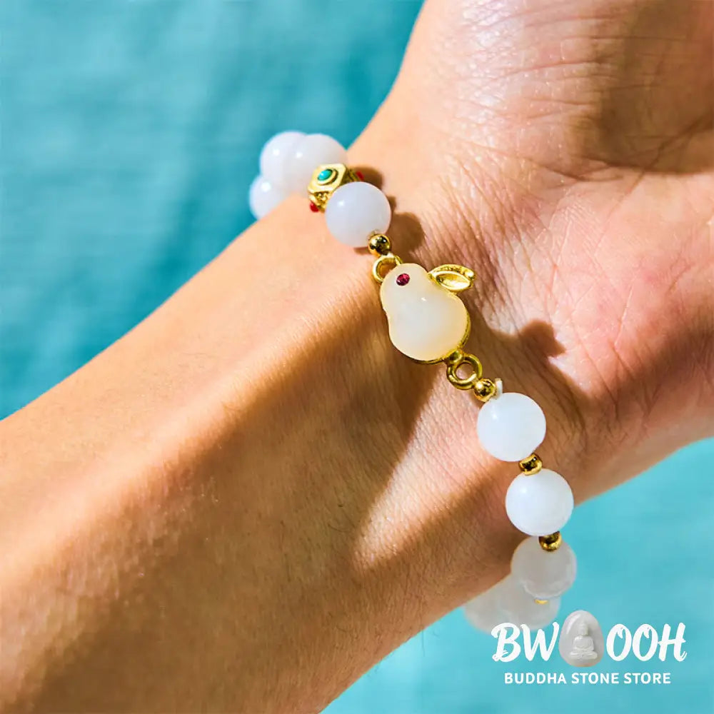 Buddha Stones Golden Silk Jade Cute Rabbit Luck Bracelet - BWOOOH - Golden Silk Jade(Wrist Circumference 14-16cm)