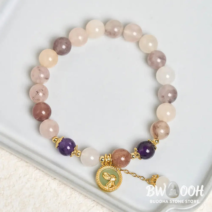 Buddha Stones Golden Silk Jade Fu Character Rabbit Ward Off Evil Spirits Bracelet - Bracelet