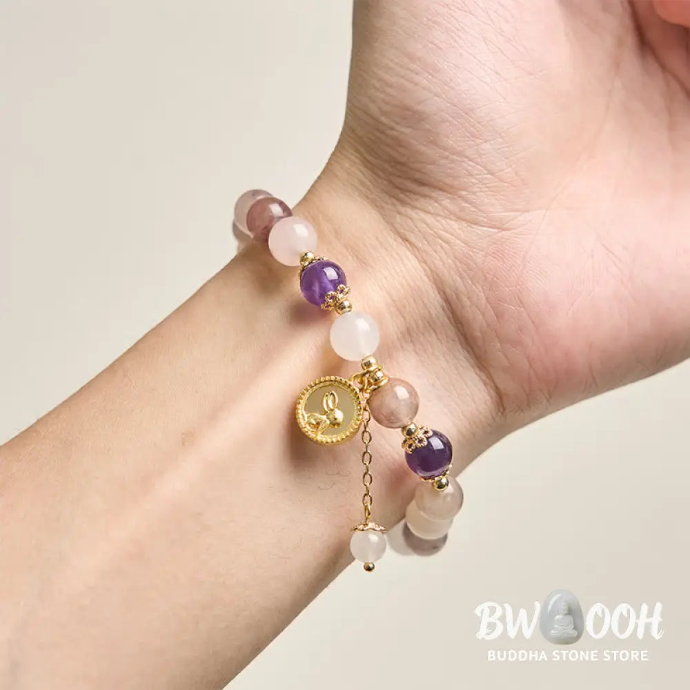 Buddha Stones Golden Silk Jade Fu Character Rabbit Ward Off Evil Spirits Bracelet - Bracelet