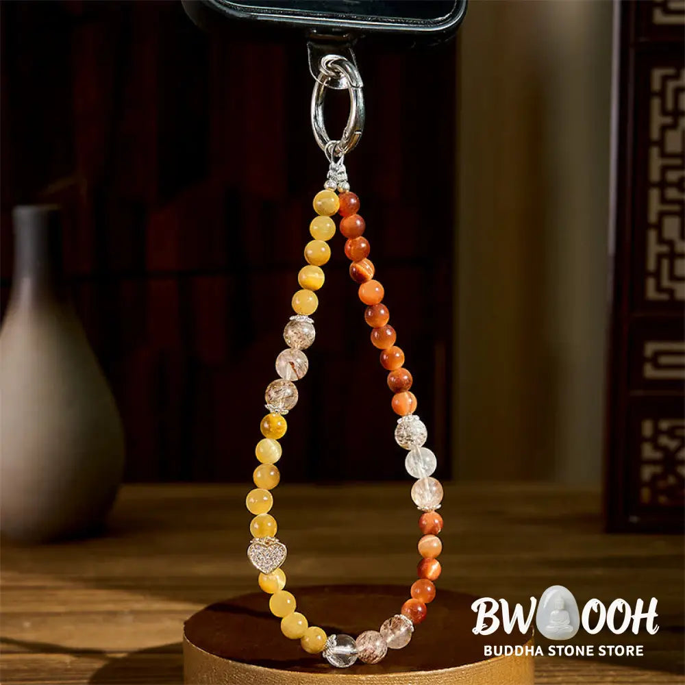 Buddha Stones Golden Tiger Eye Red Tiger Eye Heart Charm Strength Key Chain Phone Hanging Decoration - Tiger