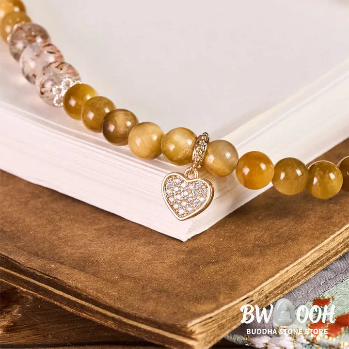 Buddha Stones Golden Tiger Eye Red Tiger Eye Heart Charm Strength Key Chain Phone Hanging Decoration - Tiger