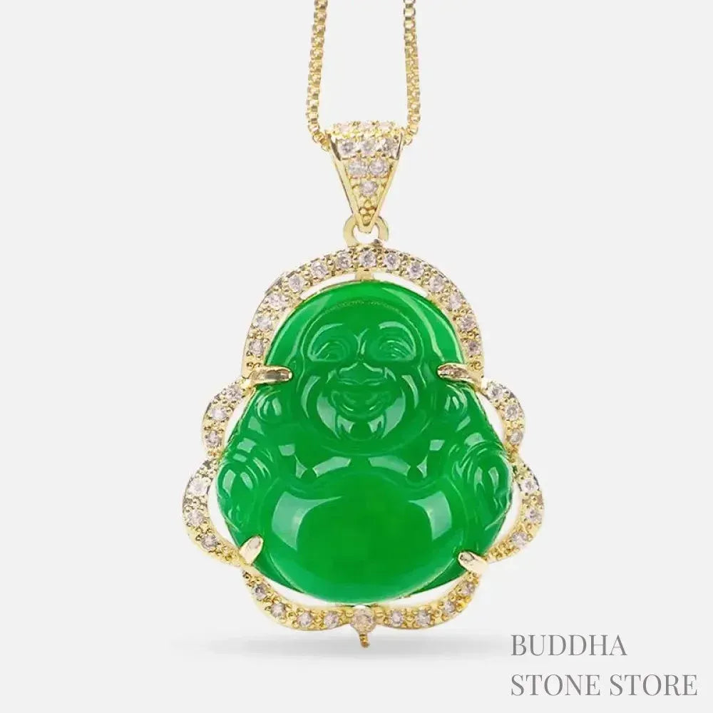 BWOOOH Good Luck Laughing Buddha Necklace crafted with vibrant Cyan Jade, soothing Pink Crystal, energizing Citrine, and protective White Jade. Features a 1.26x1.73 inch Laughing Buddha pendant, symbolizing happiness, wealth, and prosperity, worn as a unisex spiritual amulet for abundance and balance.