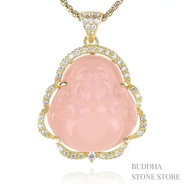 BWOOOH Good Luck Laughing Buddha Necklace crafted with vibrant Cyan Jade, soothing Pink Crystal, energizing Citrine, and protective White Jade. Features a 1.26x1.73 inch Laughing Buddha pendant, symbolizing happiness, wealth, and prosperity, worn as a unisex spiritual amulet for abundance and balance. - View 13