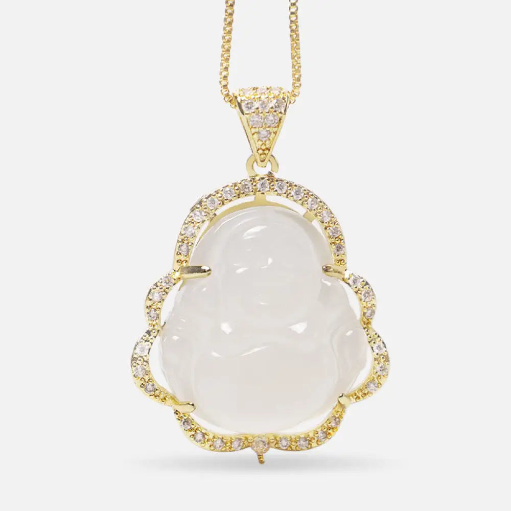 BWOOOH Good Luck Laughing Buddha Necklace crafted with vibrant Cyan Jade, soothing Pink Crystal, energizing Citrine, and protective White Jade. Features a 1.26x1.73 inch Laughing Buddha pendant, symbolizing happiness, wealth, and prosperity, worn as a unisex spiritual amulet for abundance and balance. - View 21