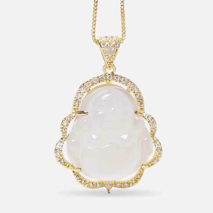 BWOOOH Good Luck Laughing Buddha Necklace crafted with vibrant Cyan Jade, soothing Pink Crystal, energizing Citrine, and protective White Jade. Features a 1.26x1.73 inch Laughing Buddha pendant, symbolizing happiness, wealth, and prosperity, worn as a unisex spiritual amulet for abundance and balance. - View 21