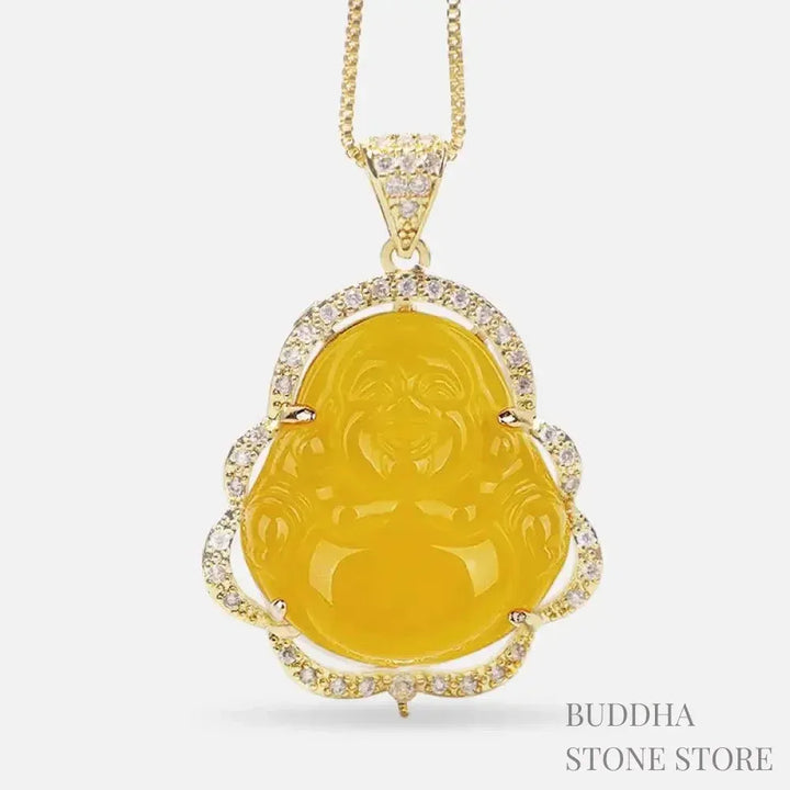 BWOOOH Good Luck Laughing Buddha Necklace crafted with vibrant Cyan Jade, soothing Pink Crystal, energizing Citrine, and protective White Jade. Features a 1.26x1.73 inch Laughing Buddha pendant, symbolizing happiness, wealth, and prosperity, worn as a unisex spiritual amulet for abundance and balance. - View 17